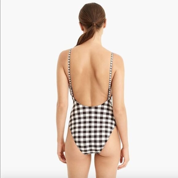 J Crew Deep V neck One piece Swimsuit Black and Ivory Gingham Size 8 and 10 NWT - Picture 3 of 7